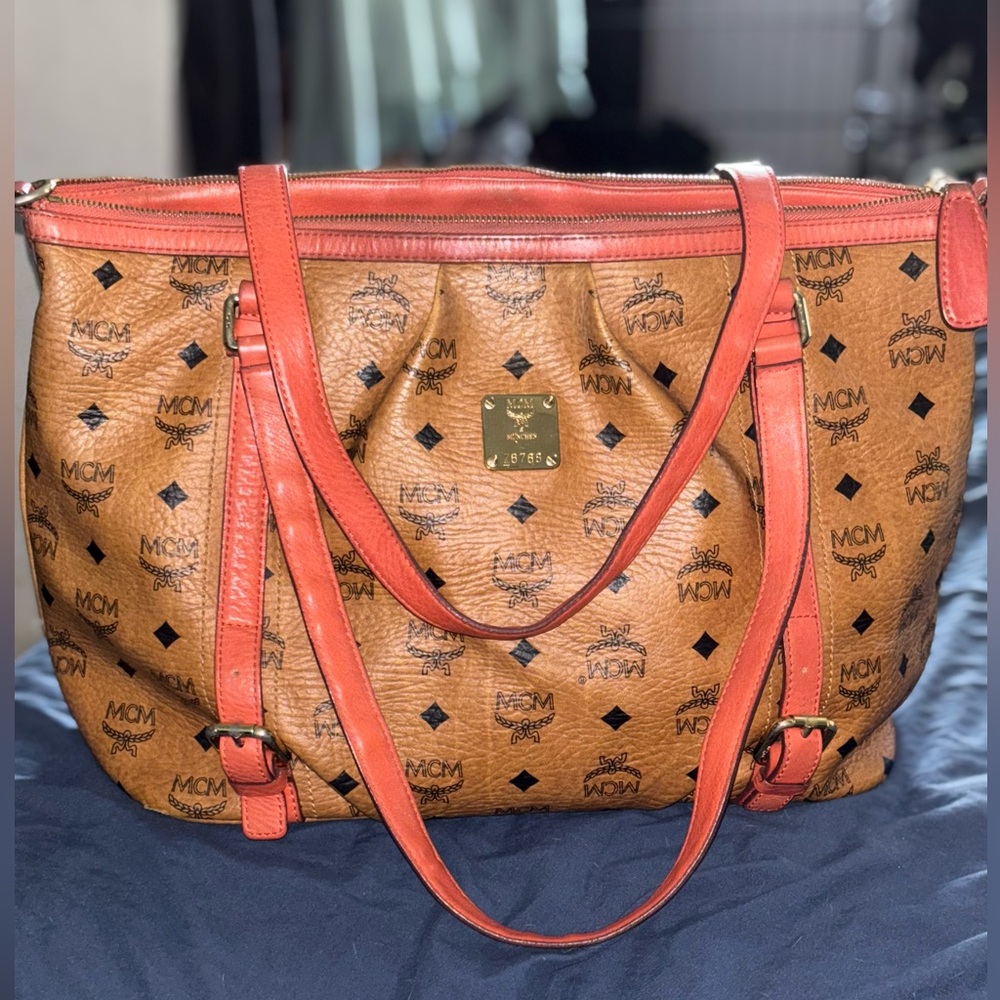 MCM Tan and black diamond  Monogram with coral Shoulder Bag